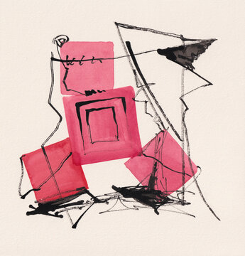 Moving Chaos: Abstract Red Squares, Black Ink Art Print
