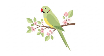 Green parrot perched on a flowering branch with pink blossoms and leaves bird sitting on a tree limb with vibrant plumage