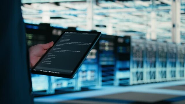 Close up of data center engineer using tablet to write code, compiling software patches to fix bugs. Server farm IT professional using device application to run programming script, camera A
