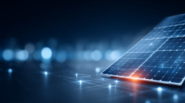 Solar panel on digital grid interface representing renewable power innovation and smart energy infrastructure concept.
