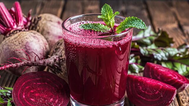 Fresh beet juice with mint, whole and sliced beets on wood