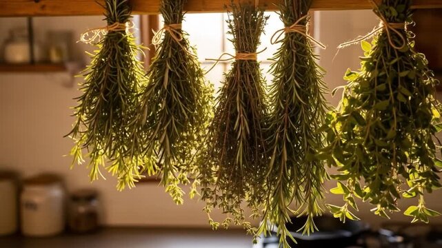Bunches of herbs like rosemary and thyme hang from a wooden beam drying in a sunlit kitchen