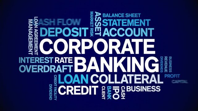 Corporate Banking animated word cloud-text design animation tag kinetic typography seamless loop.