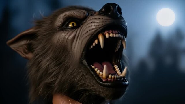 Furious werewolf headshot against a full moon with snarling teeth and yellow eyes
