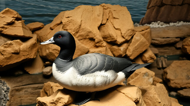 scoter. A black scoter duck taxidermy in a rocky coastline museum diorama habitat. wildlife magazines, conservation campaigns, designed for wildlife conservation campaigns, used by media buyers.