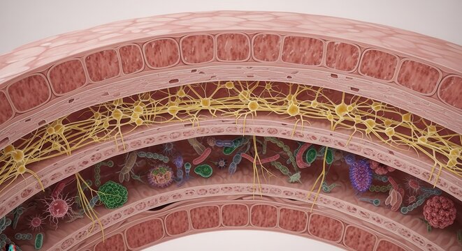 Microscopic view of brain tissue with neurons and glial cells, detailed 3D rendering