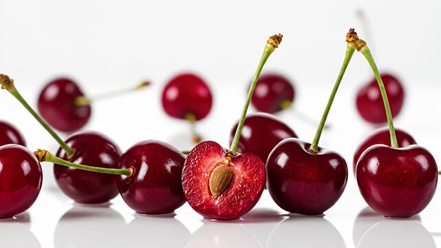 Fresh red cherries with green stems on white background