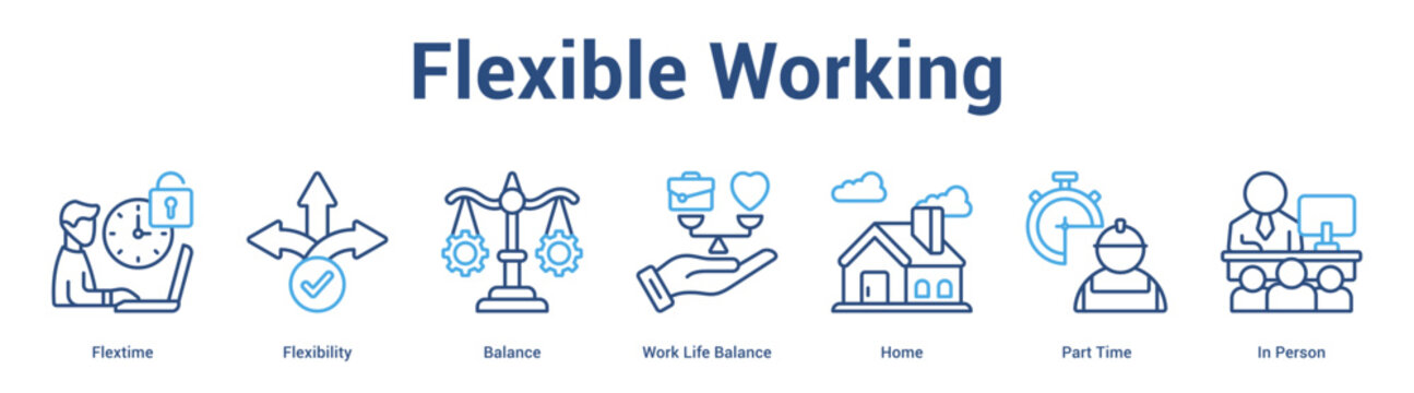 Flexible Working web banner icon set vector illustration concept for business with icon of Flextime, Flexibility, Balance, Work Life Balance, Home, Part Ti.