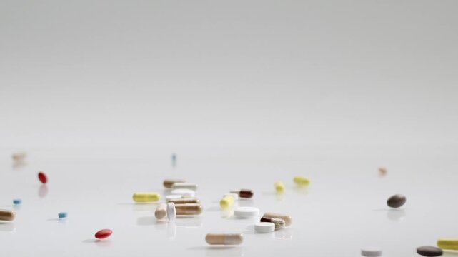 Various colorful pills, capsules, and tablets are falling and bouncing on a white reflective surface. Medical concept of healthcare, treatment, pharmaceutical industry, and drug addiction