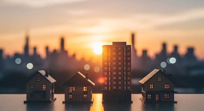 Miniature houses and high-rise buildings sit on a surface with city skyline bokeh lights at sunset. Represents urban growth and housing challenges.