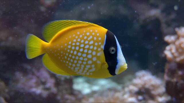 3D ultra-realistic animation of a lotched foxface rabbitfish swimming in a tropical reef env