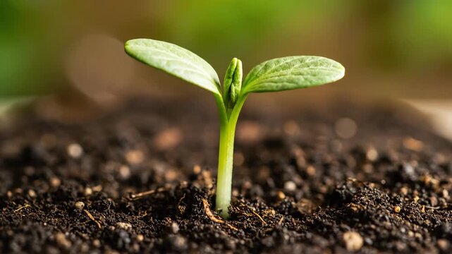 Time Lapse Small Green Plant Growing Seedling in Fertile Soil