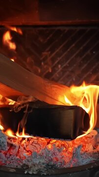 Vertical close-up inside a fireplace insert as a split log ignites&mdash;flames curl over glowing embers and ash while sparks drift, creating warm cozy home heat.