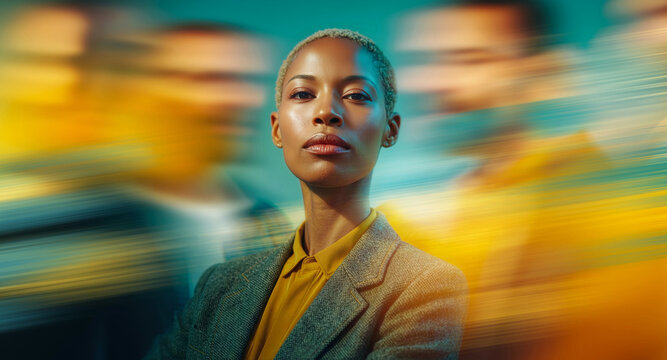 Calm African female business leader standing still amid vibrant teal and orange fast moving team