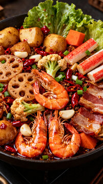 Hot Pot with Shrimp and Fresh Vegetables in Black Pot