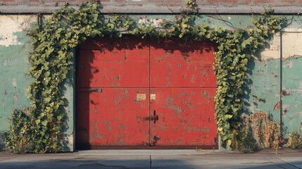 Naklejka premium Rustic Red Garage Door Covered in Green Vines.