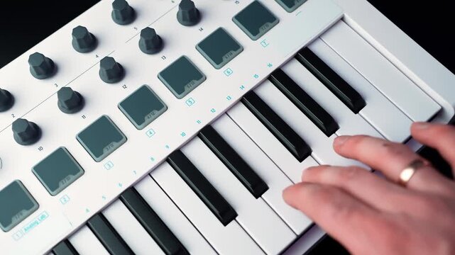 Hand plays a melody on a compact MIDI keyboard with pads and knobs, showing home studio music production, beatmaking, and digital recording workflow.