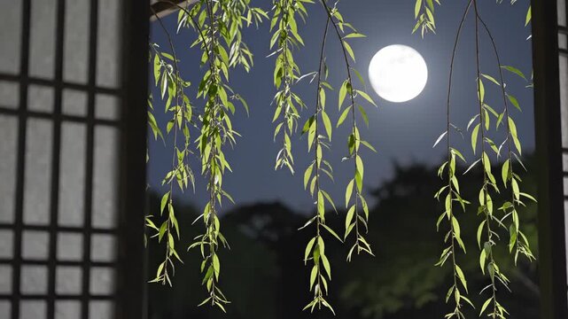 Moonlit Willow Branches Swaying Gently Against a Night Sky with a Full Moon.