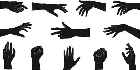Hand gesture silhouettes vector illustration set, black human hands collection with pointing, open palm, fist poses for icon, sign, design use © Beauty