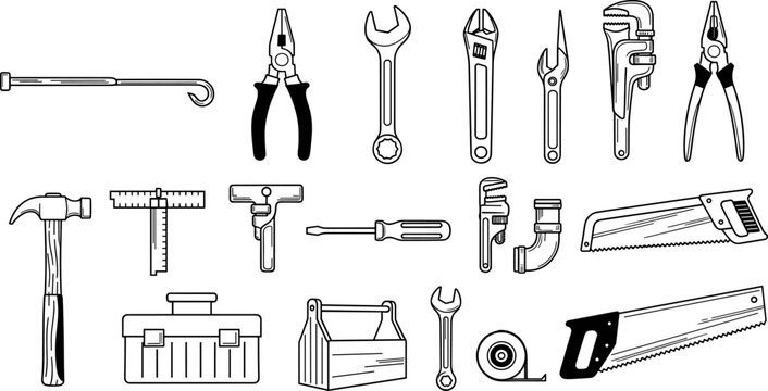 Hand tools outline icon set, construction repair equipment vector illustration, wrench pliers hammer screwdriver saw toolbox symbols for workshop maintenance design
