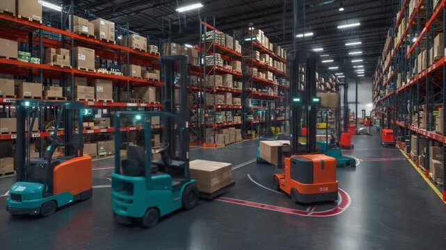 Forklifts move boxes in a warehouse with tall packed shelving
