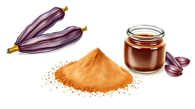 Carob pods, powder and carob molasses set. Hand drawn watercolor illustration  isolated on white background