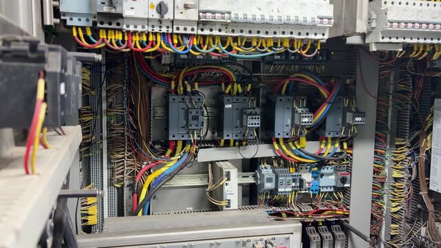 electrical switchgear panel with circuit protection devices in industrial equipment room
