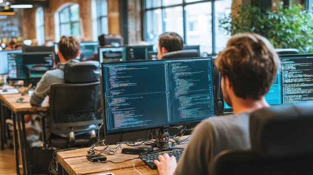 Developers writing code on multiple monitors inside a modern on blurred background