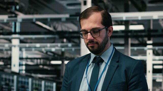 Monitoring system, AR simulation and engineer portrait in data center, identifying performance bottlenecks. Implementing optimizations, VFX compositing and worker in server farm using device, camera B