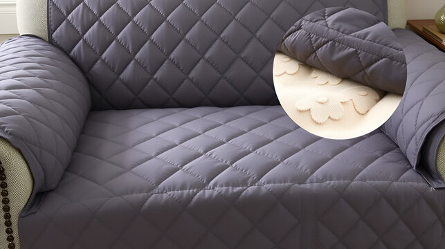 Quilted slipcover production in a medium shot showcasing detailed stitching and cushioning layers designed to add comfort and safeguard upholstered furniture from pet hair.