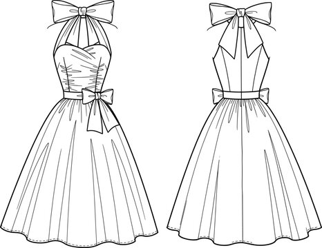 Vintage Halter Neck Dress with Ruched Bodice and A-Line Skirt, Large Bow Detail, Women's Fashion Flat Technical Drawing Vector