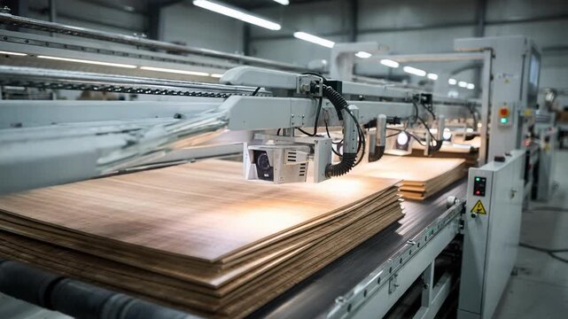 Medium shot of automated veneer grading system using highresolution cameras to sort sheets by quality and thickness in a modern industrial setting.