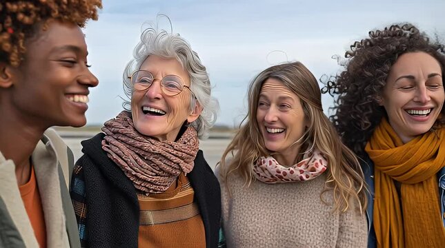 Joyful multi-generational diverse women laughing heartily outdoors, celebrating friendship and shared moments of pure happiness together