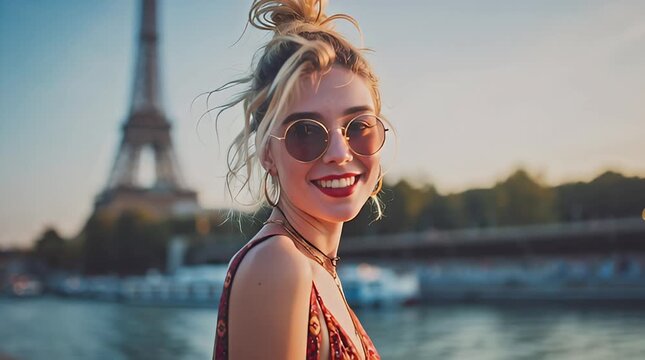 Happy young woman with sunglasses and hair bun smiling in front of Eiffel Tower