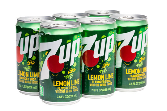 Six pack of cans of 7Up Lemon lime flavored soda isolated on a transparent background	
