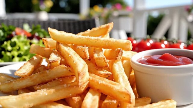 A tantalizing close-up shot of golden-brown, crispy french fries, generously seasoned with coarse salt, piled artfully on a pristine white plate. A small, elegant white ramekin filled with rich, vibra