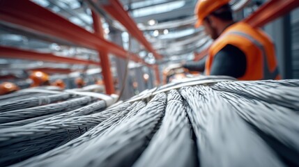 engineers performing network cabling in a data center ceiling on blurred background