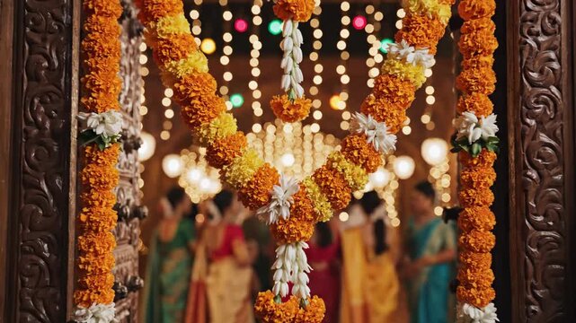 Traditional marigold and jasmine flower garlands hanging on an ornate door at a blurred Indian wedding ceremony with women in background