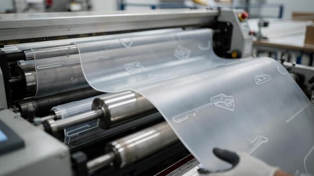 Medium shot of poly material sheets fed into diecutting equipment capturing clean and exact cuts of covers and tabs for packaging production.