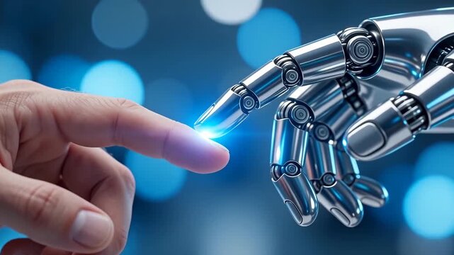 Human Finger Touching Robotic Hand with Glowing Blue Light Connection