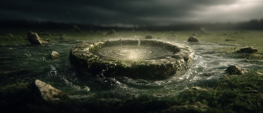 Flooded Ancient Stone Circle, Dramatic Lighting, Digital Illustration