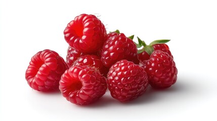Fresh and Juicy Raspberries Piled on Each Other with Bright Red Color and Green Leaves Isolated on White Background for Food Photography