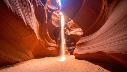Sunlight pierces a narrow sandstone canyon, creating a dramatic, ethereal scene