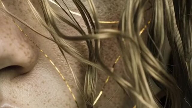 Close-up of a persons face and neck with golden lines, representing the Japanese art of Kintsugi.