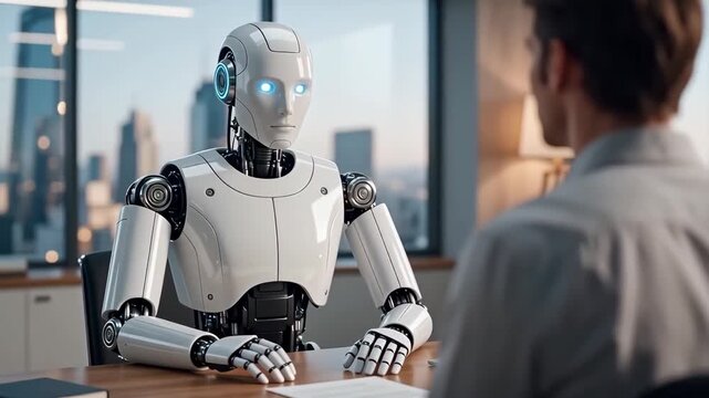 Futuristic Humanoid Robot Interacting with a Man in a Modern Office
