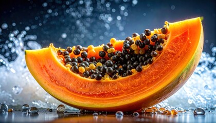 Slice of ripe papaya with black and yellow seeds amidst water splash