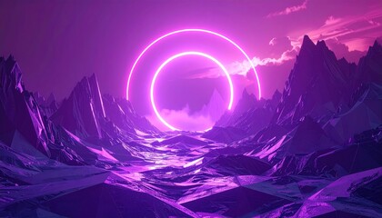 Neon glowing ring over mountainous terrain under a vibrant purple sky