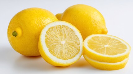 Sliced Lemons and Whole Fruit, Bright Citrus on a Clean White Surface