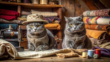 Two cats posing beside sewing supplies, one wearing a hat