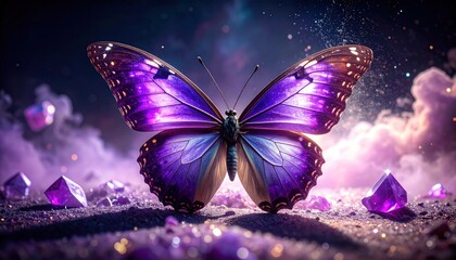 Vivid butterfly with purple wings, sparkling crystals, ethereal background